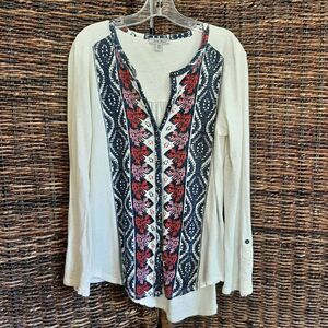 Lucky Brand Linen Blend Button Up Long Sleeve Top Women's XS Cream  Boho Print
